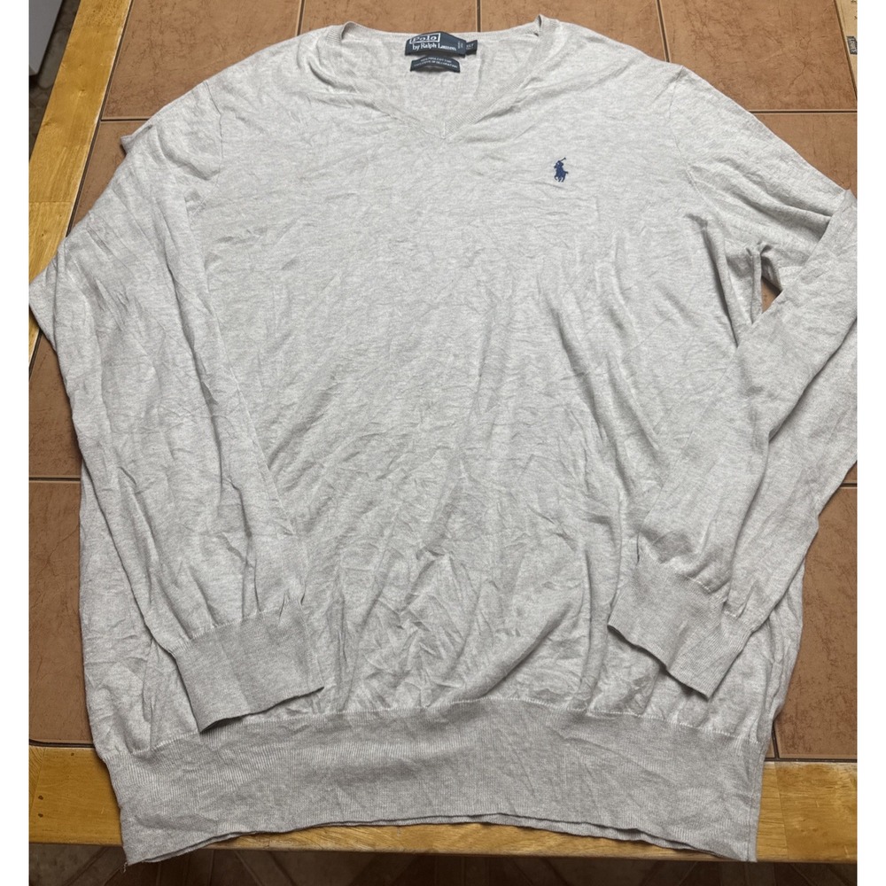 Polo Ralph Lauren Mens Sz XLT Gray Pima Cotton V-Neck Sweater Blue Pony Logo‎